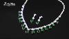18k White Gold Gp Necklace Earrings Set Made W Swarovski Diamond & Green Emerald